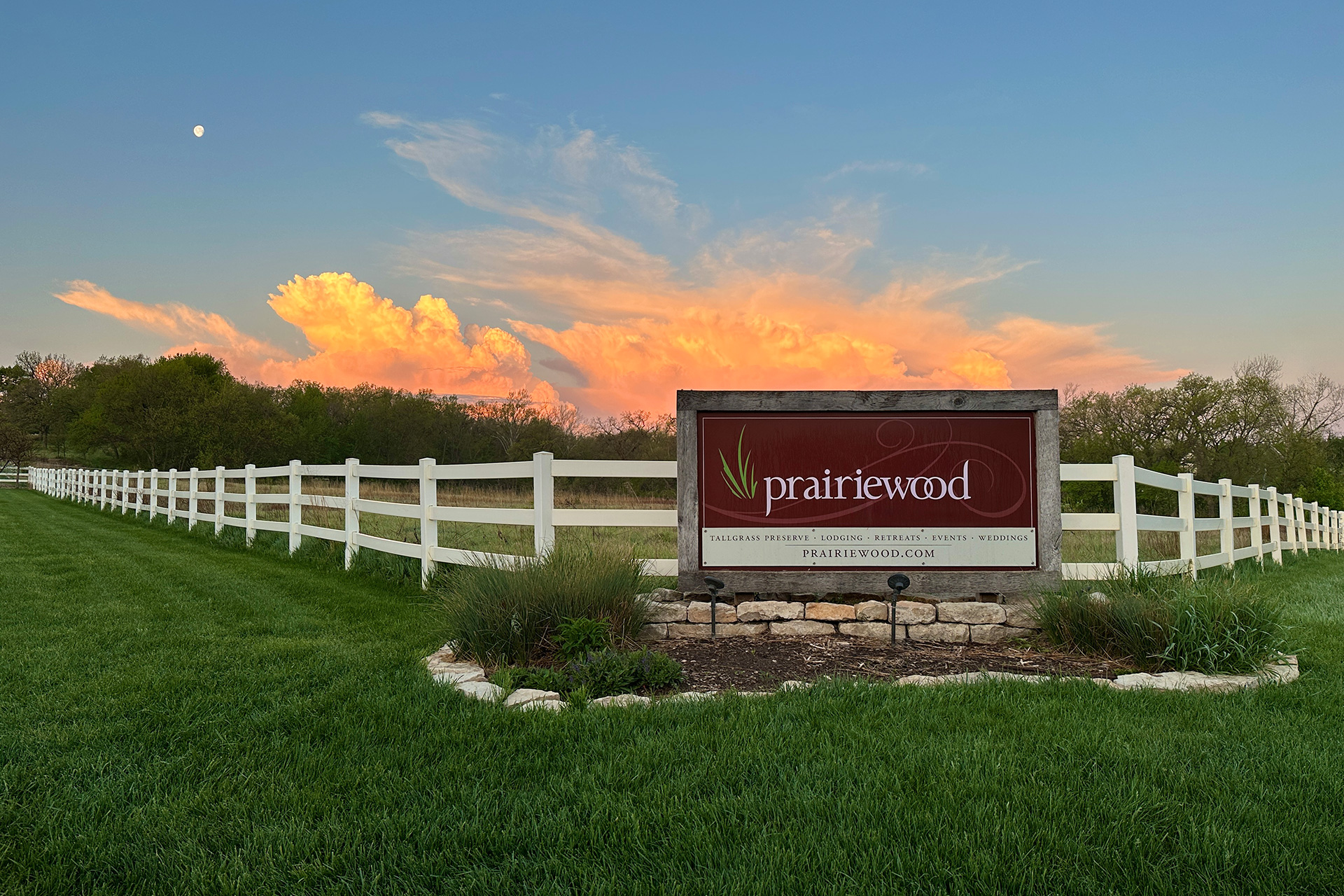 Prairiewood's entrance sign at sunrise.